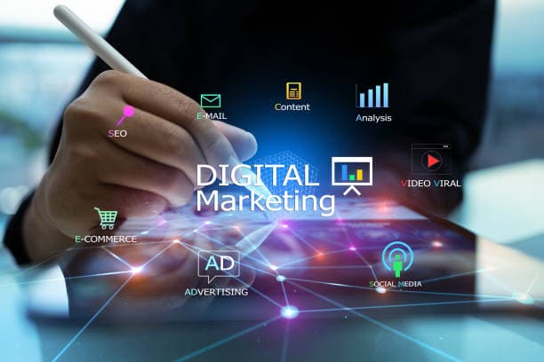 Digital marketing strategy visualisation with SEO, content, advertising, analysis, e-commerce and social media channels